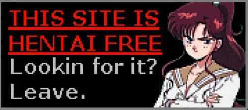 "THIS SITE IS HENTAI FREE" In bold red underlined text. Beneath, "Lookin' for it? Leave." in plain white text. Depicted beside is an anime woman with deep red hair crossing her arms angrily.